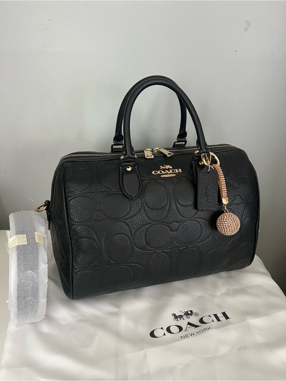 Coach Black Embossed Signature Leather Rowan Satchel with Gold Accents
